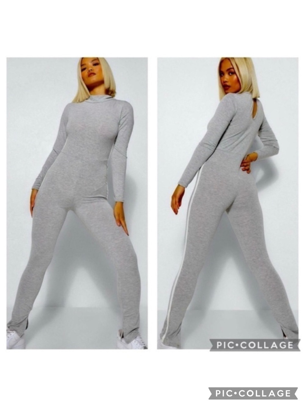 Boohoo Gray Side Stripe Knit Long Sleeve Mock Neck Jumpsuit 14 NWT Gorpcore